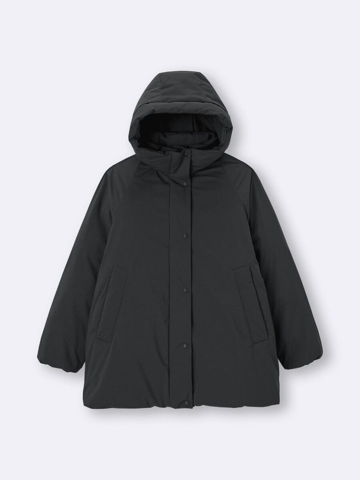 2026gu大人女性おすすめ黒ウォームパデッドステッチレスコート