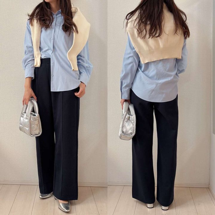 ユニクロスウェットストレートパンツとブルーシャツコーデ