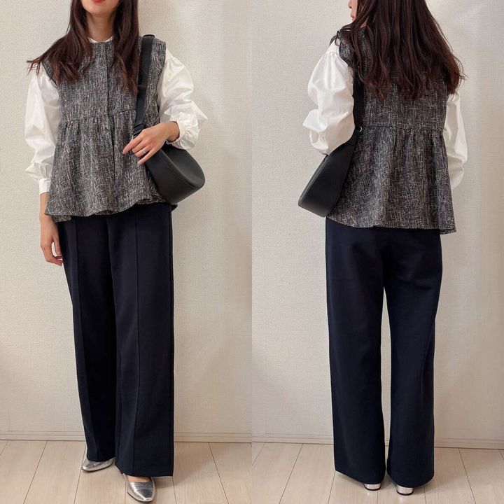 ユニクロスウェットストレートパンツとツイードベストコーデ