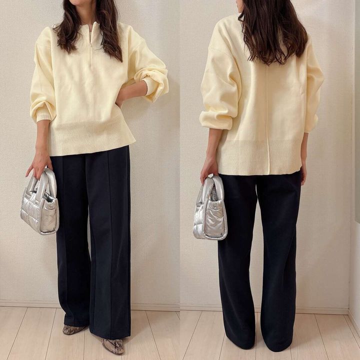 ユニクロスウェットストレートパンツとキーネックニットコーデ
