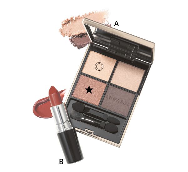 【A】LUNASOL アイカラーレーションN 【B】M･A･C ラスターガラス リップスティック
