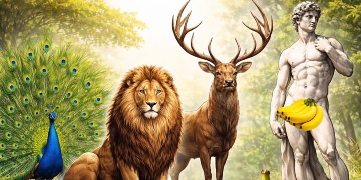 クジャクの尾・ライオンのたてがみ・シカの角、そして人間のペニス