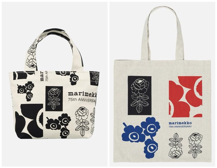 画像: 【Marimekko】左：日本限定 75th anniversary トートバッグ［縦20×横21×マチ9㎝］¥15,400、右：日本限定 75th anniversary トートバッグ［縦42.5×横41×マチ1㎝］¥13,200 ※公式オンラインストアで先行発売中。一般発売は2026年1月30日（金） www.marimekko.jp