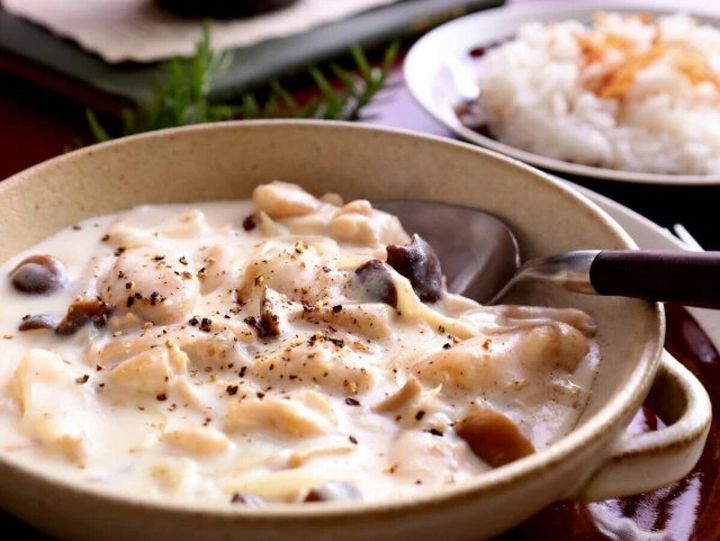 鶏ささみとキノコのミルクシチュー