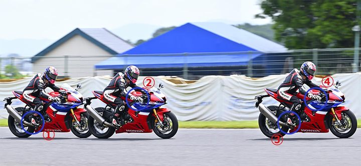 リアは進入ブレーキからを練習しよう！ リアから先にかけ始めるとピッチングを抑制して安定させられる 