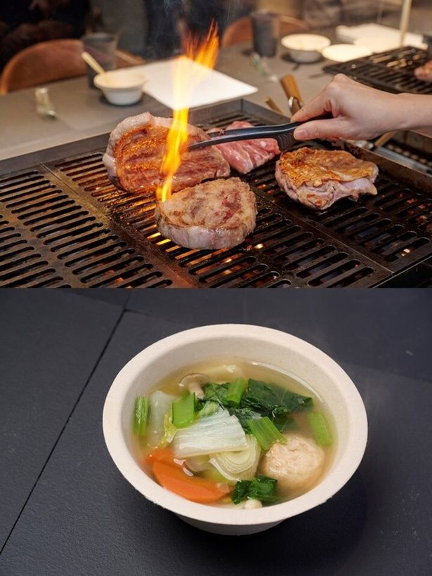 水素調理器で焼き上げた東京しゃも(写真上)と、東京産食材を使った特製ちゃんこ鍋(同下)