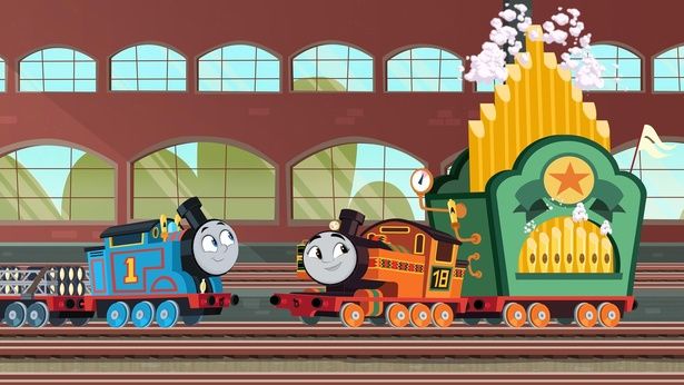 トーマスとニアが蒸気オルガンを運ぶシーン。音楽祭の準備に大忙し！