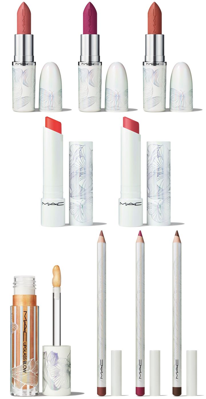〈上左から〉マキシマル シルキー マット リップスティック ベアフット、ジュース ラズベリー、ホワール 各￥4,400 〈中左から〉グロー プレイ テンダートーク リップ バーム フロリック、スマイル 各￥3,960 〈下左から〉リップガラス ブロウ スナップドラゴン ￥4,180 リップ ペンシル スパイス ティー、ナイチンゲール、チェスナット 各￥3,740（すべて2月6日より限定発売）