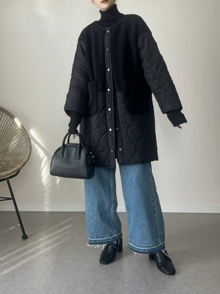 2026冬春大人女性おすすめ黒タートルノーカラーコーデ