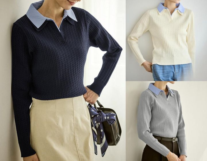 画像: ダブルカラーミニケーブルニット（ネイビー/キナリ/グレー）各¥5,995 出典：ロペピクニック