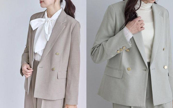画像: クリアツイル金ボタンジャケット/セレモニー・セットアップ対応（ベージュ系/グリーン系）各¥8,998 出典：ロペピクニック