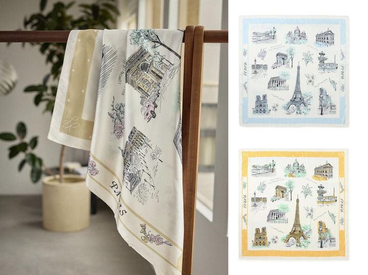 画像: シティーパターンスカーフ 90cm（ベージュ/サックス/オレンジ系）各¥3,289 出典：ロペピクニック