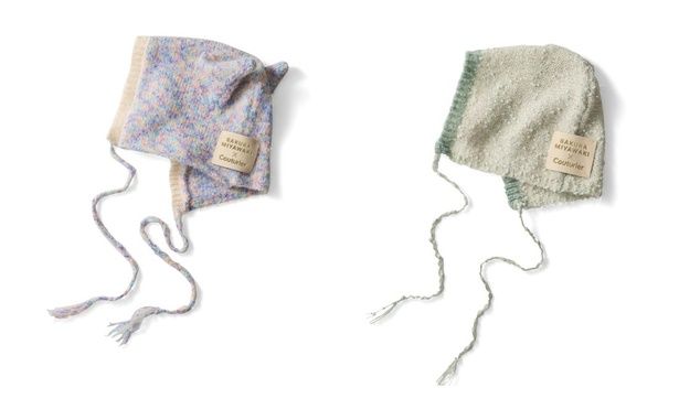 ファンシーヤーンニットキャップ(ブルーミックス、左)とファンシーヤーンニットキャップ(ライムグリーン、右)