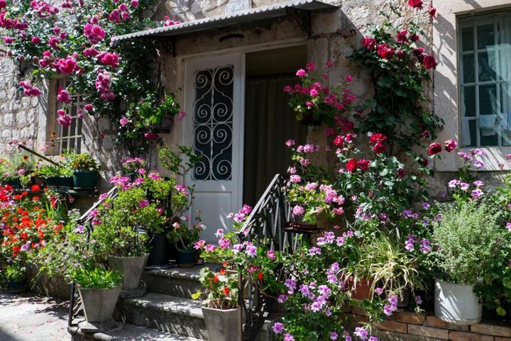 バラや鉢植えのゼラニウムが華やかに咲く海外のフロントガーデン。おなじみの植物ですが、家が洗練されているのでより美しく見えます。