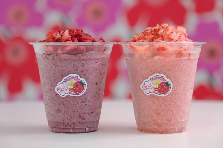 （右）削りいちごのせいちごのグラニータS、（左）削りmixベリーのせブルーベリーのグラニータS 各600円
