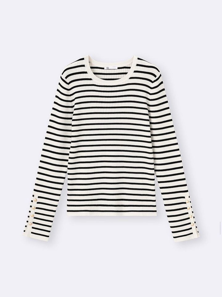 GUのリブニットボーダーボタンスリーブプルオーバー