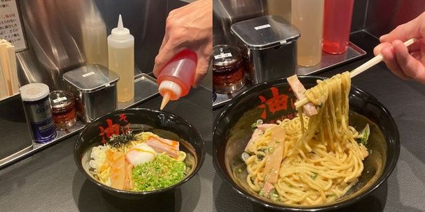 酢とラー油は並盛りなら2周、大盛りなら3周かけるのがベスト。麺を混ぜると華やぐ香りに食欲がそそられる