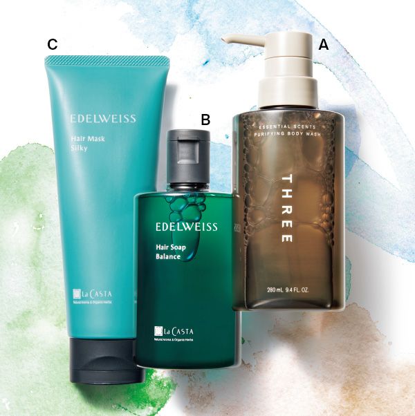 【A】エッセンシャルセンツ ピュリファイング ボディウォッシュ／【B】ラ・カスタ エーデルワイス ヘアソープ バランス／【C】ラ・カスタ エーデルワイス ヘアマスク シルキー