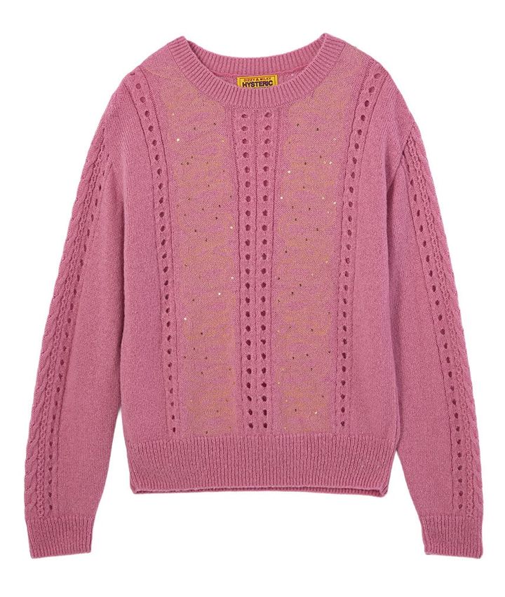 HYSTERIC GLAMOURの、スパンコールをあしらったSNAKE LOOP”モチーフのピンクのニット