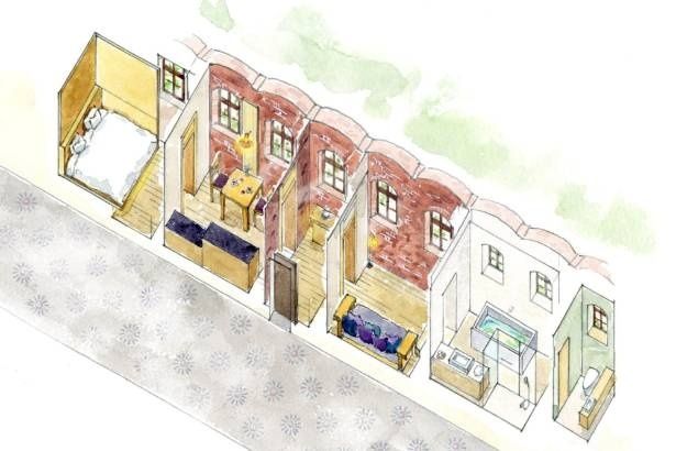 【写真】客室(The 10-Cell)間取り図。赤レンガの歴史的意匠と現代的なラグジュアリーが融合した客室デザイン