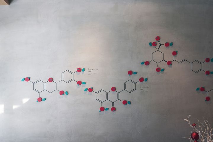 壁面にはリンゴに含まれるポリフェノールの化学構造式をデザイン