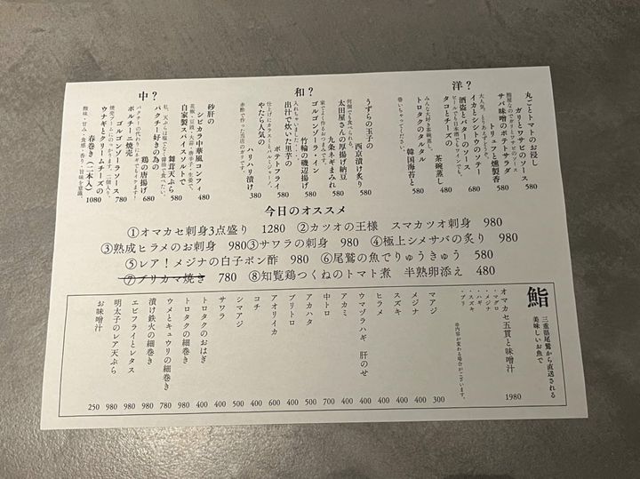 訪れた日のメニュー表