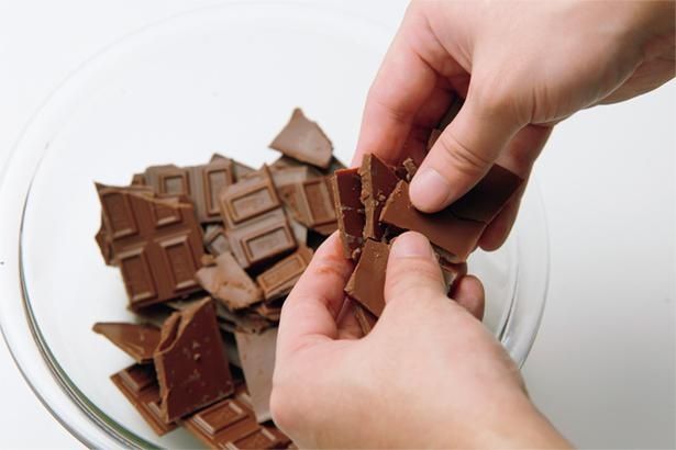 チョコを手で大ざっぱに割り、耐熱ボウルに入れる （C）げんきスイーツ／KADOKAWA