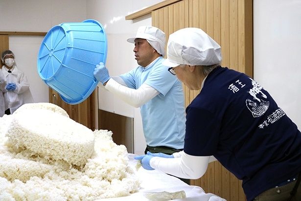 約35度に保たれた室(むろ)の中。米を平らに広げる行程では、適切な温度管理が大切。麹菌の繁殖適応温度は30～40度で、15度以下では働かず、50度を超えると死滅してしまう