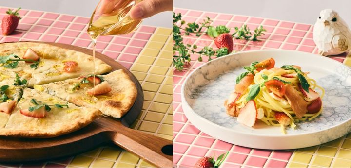 （左）「いちごのクアトロフォルマッジ 蜂蜜添え」（右）「いちごと生ハムの温製カプレーゼ風パスタ」