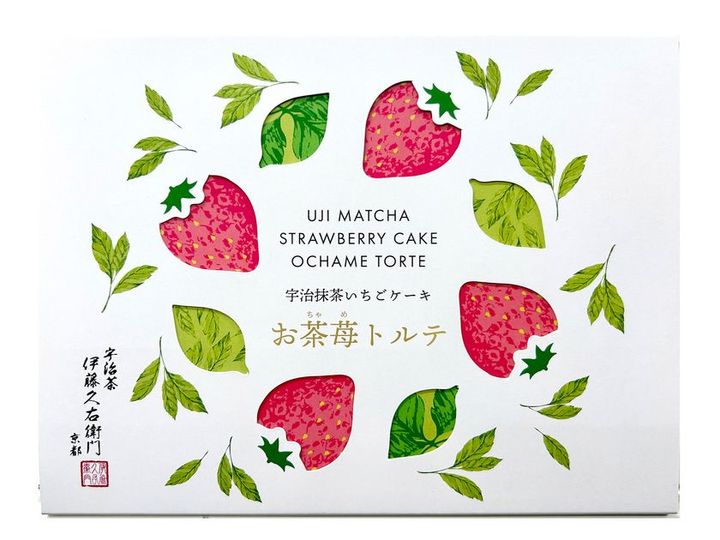 伊藤久右衛門 お茶苺トルテ パッケージ お茶の葉といちごのデザイン