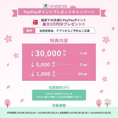 最大3万円分のPayPayポイントがもらえる「たびらいレンタカーアプリ限定キャンペーン」