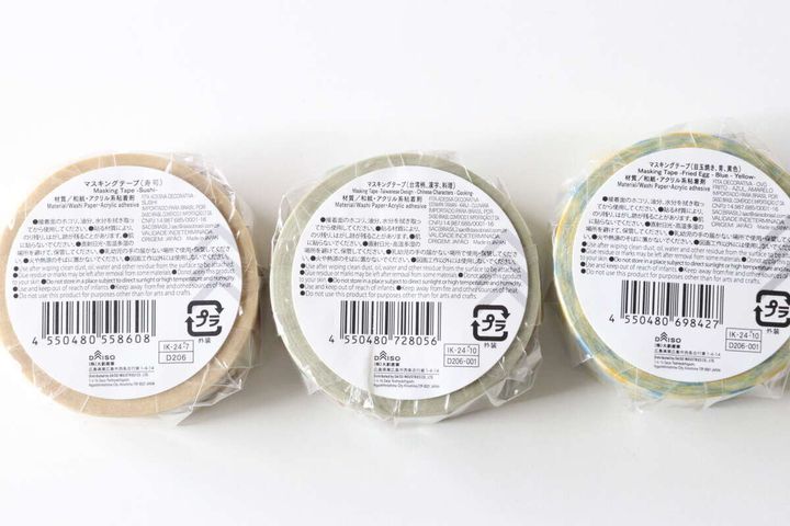 ダイソーのマスキングテープ（寿司）とマスキングテープ（台湾柄、漢字、料理）とマスキングテープ（目玉焼き、青、黄色）のJAN