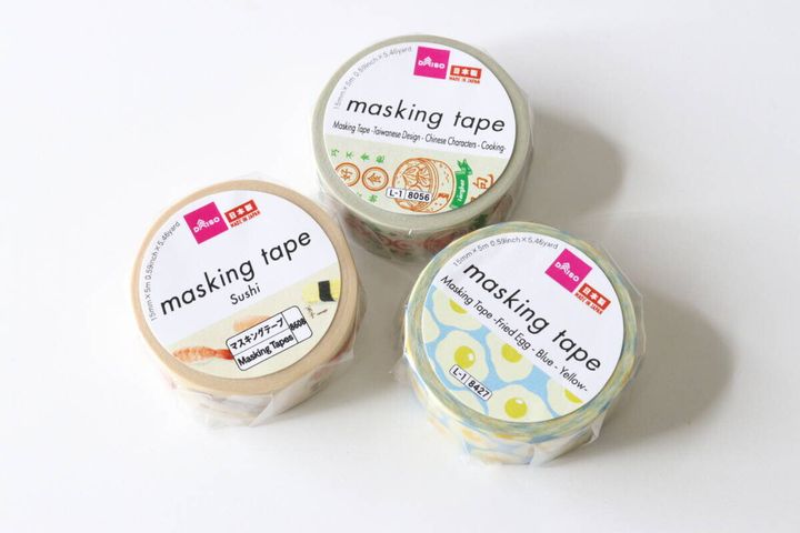 ダイソーのマスキングテープ（寿司）とマスキングテープ（台湾柄、漢字、料理）とマスキングテープ（目玉焼き、青、黄色）のビジュアル