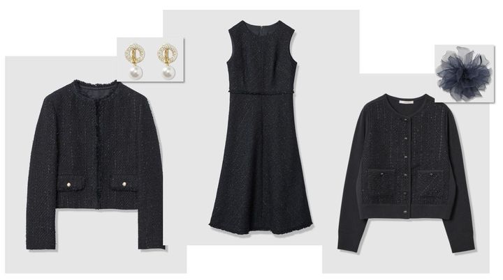 画像: 左のジャケット￥66,000・ワンピース￥71,500・右のカーディガン￥46,200・左のイヤリング￥13,200・コサージュ￥15,400（ANAYI） www.anayi.com