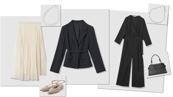 画像: 左のスカート￥37,400・ジャケット￥59,400・右のオールインワン￥55,000・左のネックレス￥16,500・右のネックレス￥19,800・