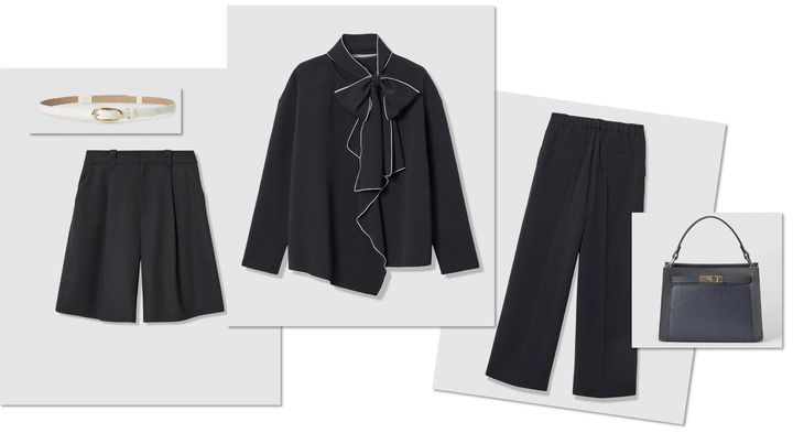 画像: キュロットパンツ￥35,200・ボウタイブラウス￥31,900・ワイドパンツ￥31,900・ベルト￥15,400・バッグ￥47,300（ANAYI） www.anayi.com