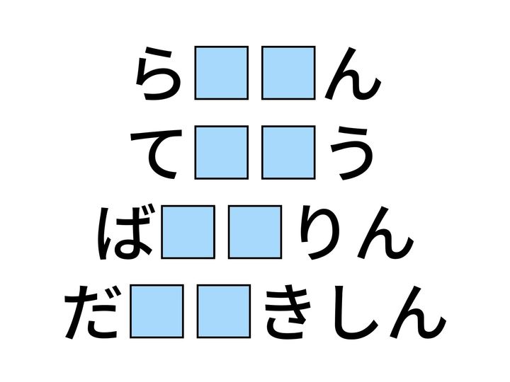 4つの言葉の空欄に共通して入る「2文字のひらがな」を当てる脳トレクイズ。ジャングルの王者や、気品あふれる弦楽器、そして歴史的な君主の称号がヒントです。