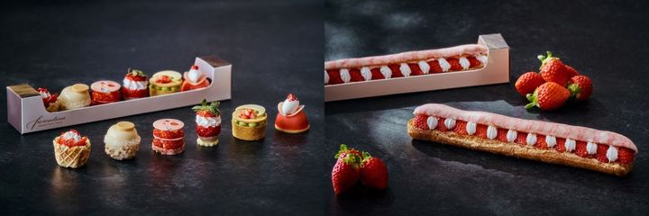 左から「ストロベリー ピッコロガット」2700円、「ストロベリー ロングエクレア」2000円