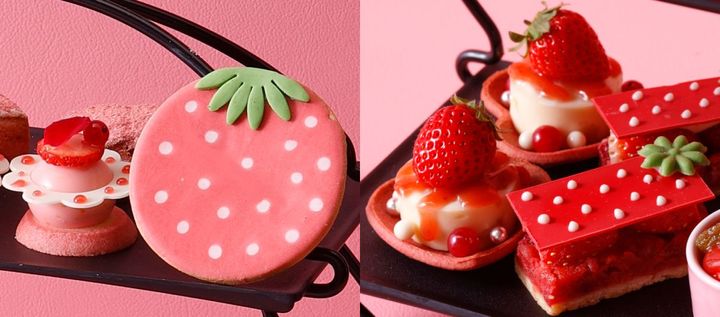 （画像左）左から「いちごとオレンジのヨーグルトクリーム」、「いちごのアイシングクッキー。（画像右）左から「いちごとグレープフルーツのガナッシュ」、「いちごとパイナップルのタルト」