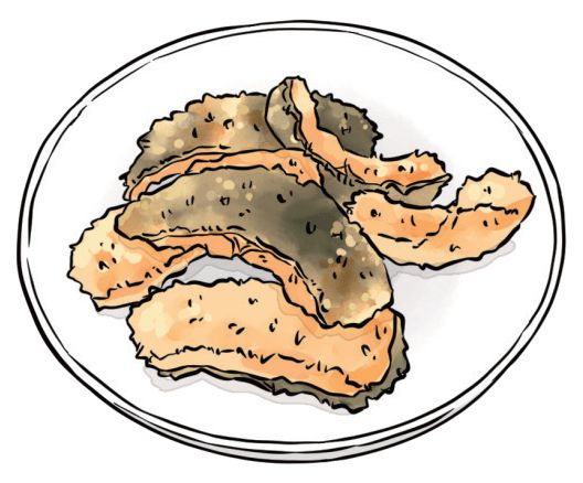 皿に盛り付けられた、魚フライを描いたイラスト。