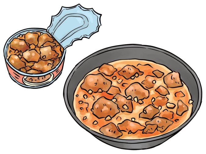 肉料理の缶詰と、それを使って調理した料理を並べて描いたイラスト。