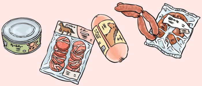 肉の缶詰、スライス肉、ソーセージなど、さまざまな肉加工品を描いたイラスト。