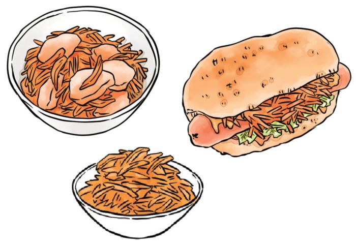 人参を使ったさまざまな料理のイラスト。和え物やパンに挟んだアレンジなどが描かれている。