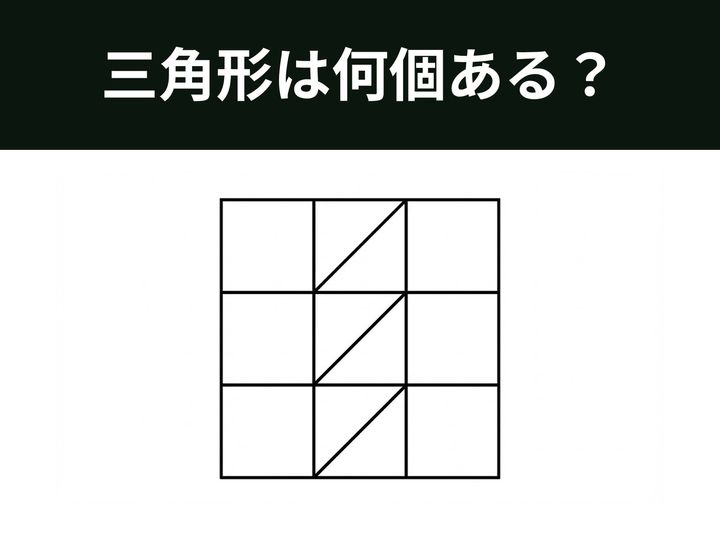 3x3の合計9マスの正方形の中に、いくつかの線が引かれた図形クイズです。すべてのマスに線があるわけではないため、どこが「三角形」になっているかを正しく見極める集中力が試されます。