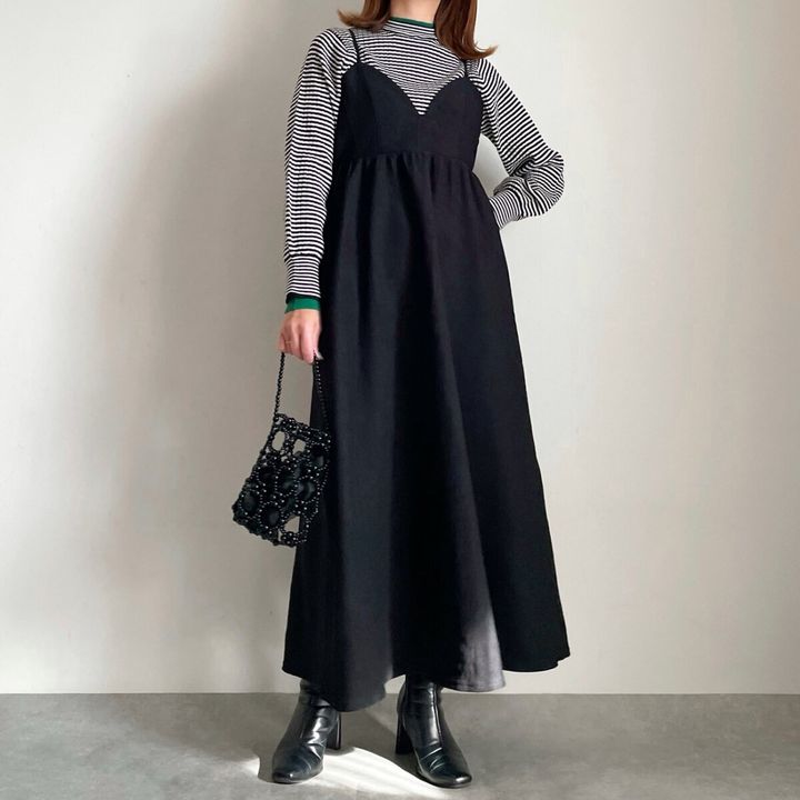 BONLECILLカヌレニットと黒キャミワンピコーデ