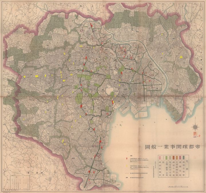 東京23区内の建物疎開跡地に形成されたマーケットの分布（「帝都疎開事業一般図」1944年に2025年加筆）