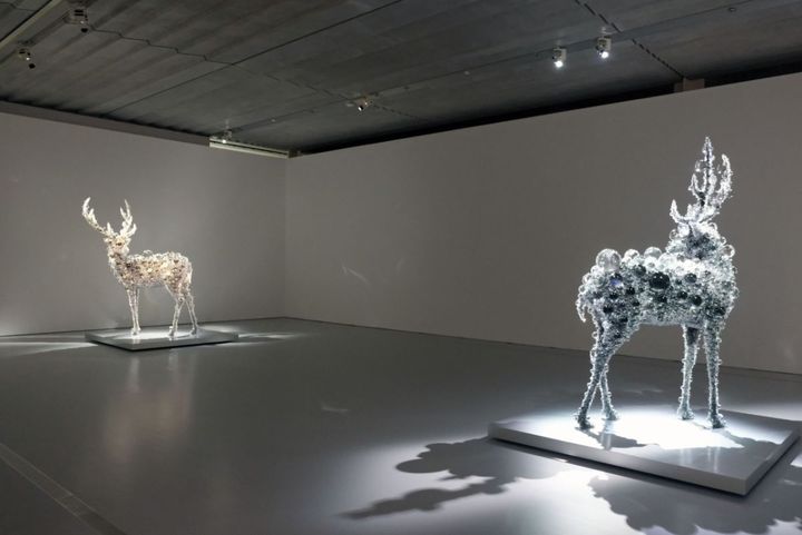 展示風景「エピローグ／名和晃平 」より。左 名和晃平《PixCell-Deer#74》2024年 ポーラ美術館蔵 右 名和晃平《PixCell-Deer#72(Aurora)》2022年 個人蔵