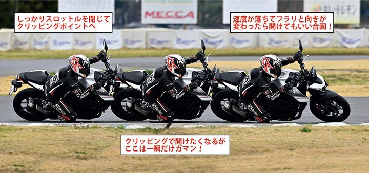 フロントブレーキを完全にリリースしてから、スロットルを開け始めるまでの、いわゆる一次旋回を細分化したのが上の3コマ。コーナーは回り込んだヘアピンカーブだ。まずはスロットルを閉じた状態で深いバンク角を維持して、旋回力を発揮。そこからすぐにスロットルを開けるのではなく、少しだけ待つ。すると、エンジンブレーキなどの影響でさらに車速が落ち、イン側に倒れ込むようにも、ググッとさらに曲がるようにも感じる瞬間が現れるのだ