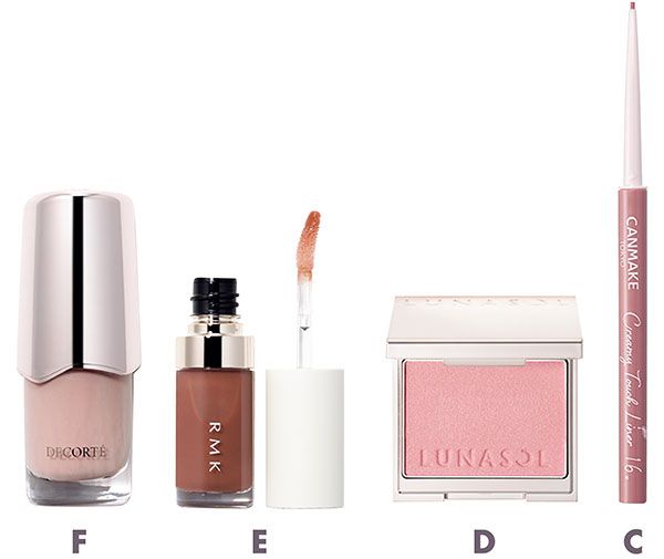 【C】キャンメイク クリーミータッチライナー 【D】ルナソル カラーリングブリーズ 【E】リップ ルミナイザー【F】スキニフィック ネイルラッカー