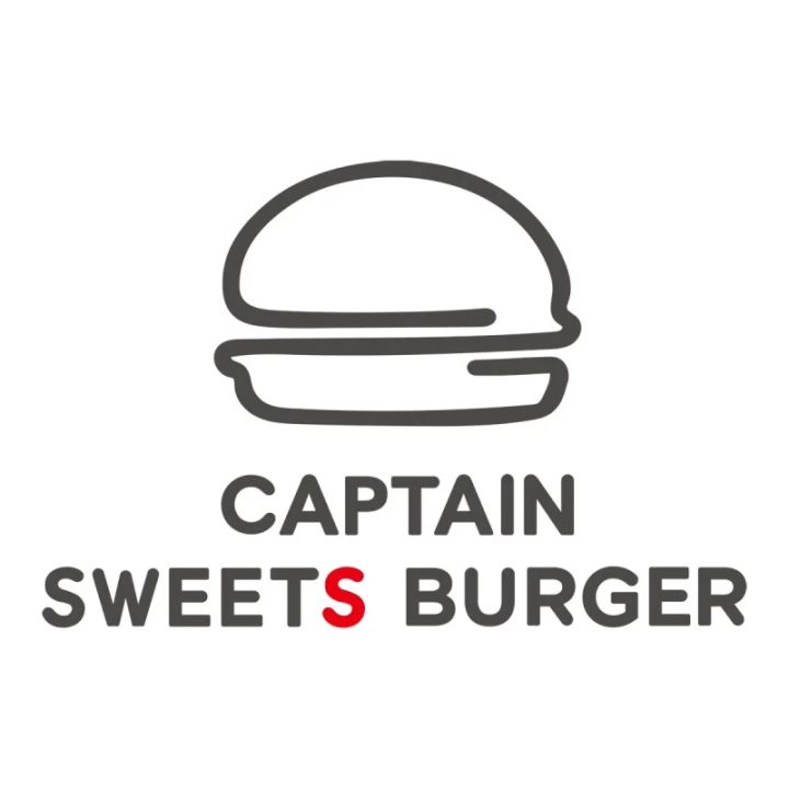 ハンバーガーのロゴ。上部にハンバーガーのイラストがあり、下に「CAPTAIN SWEETS BURGER」と書かれています。